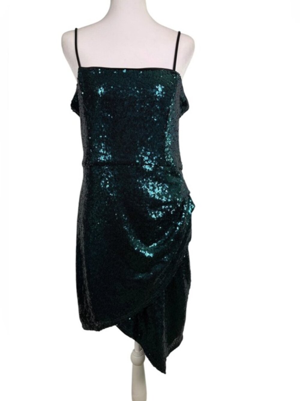 Lulu's Teal Sequin Spaghetti Strap Cocktail Dress L | Asymmetrical Hem - Picture 2 of 11